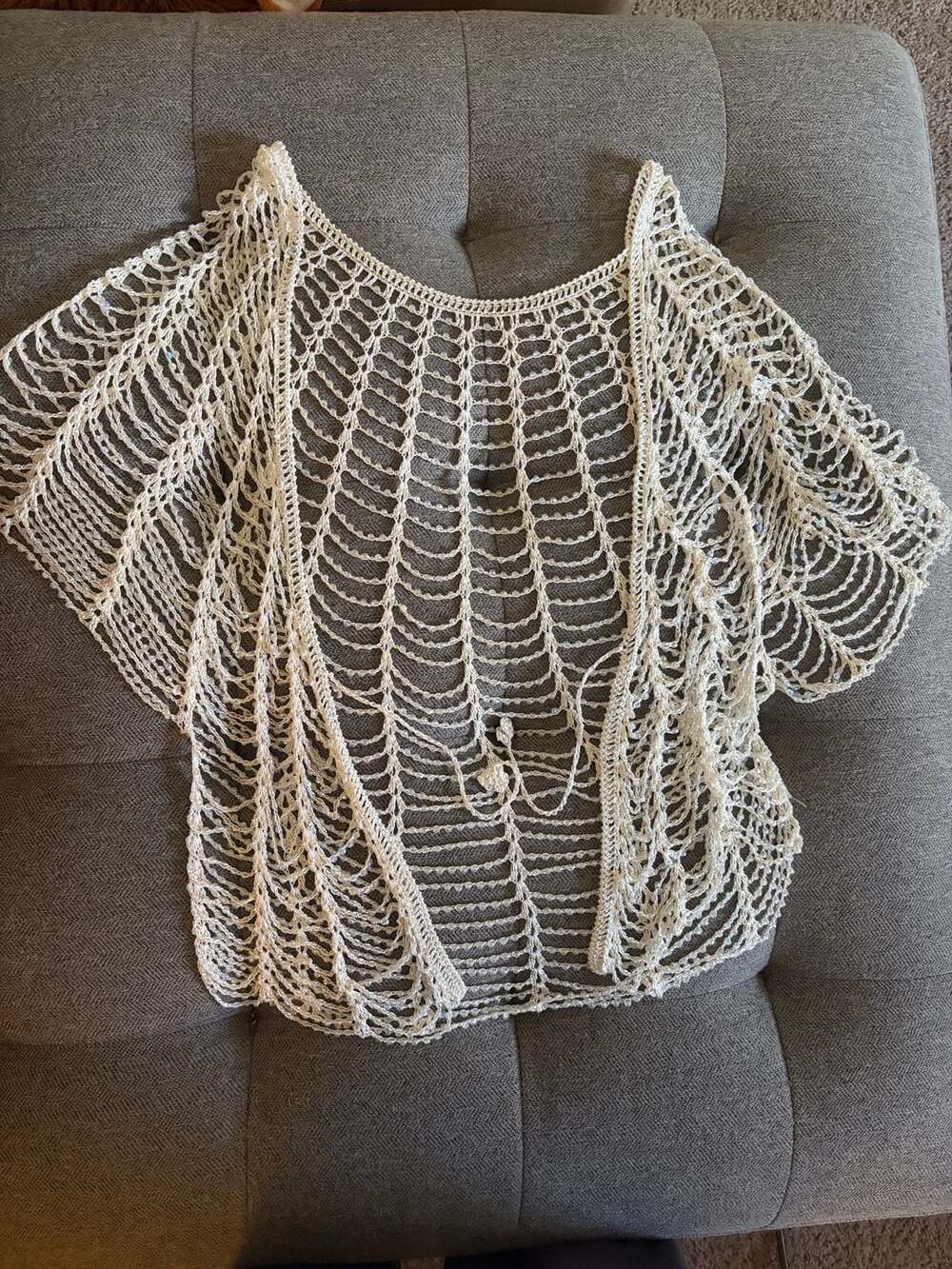 White Beaded Crochet Knit Net Poncho Wrap Cape Top